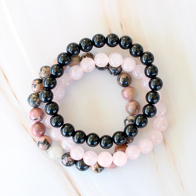 🔥Stress Relief Crystal Bracelet Set-Onyx, Rhodonite, Rose Quartz