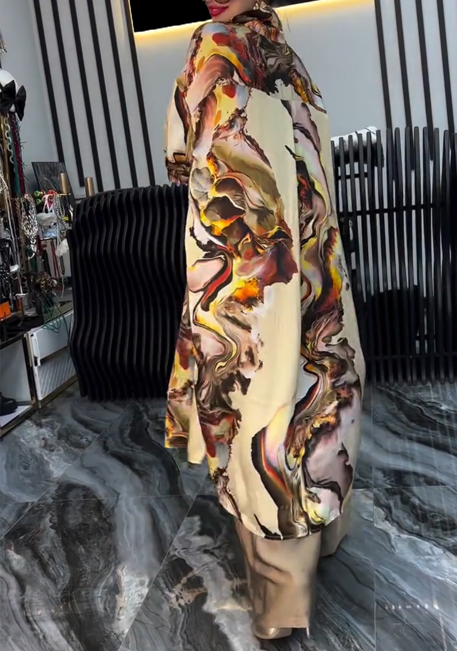 Women's Lapel Printed Long Top + Wide-leg Pants Casual Suit