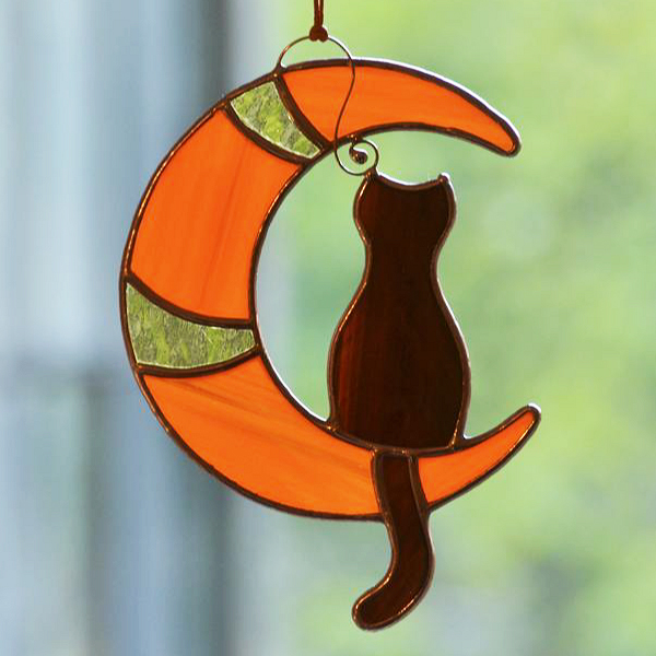 50% OFF- Stained glass cat on the moon, window hanging suncatcher