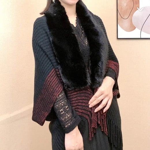 (🌲Early Christmas Sale - 49% OFF) 🔥2024 New Winter Knit Fringe Fur Collar Shawl, BUY 2 FREE SHIPPING