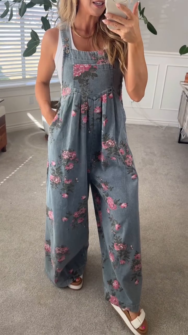 Women's Printed Pocket Casual Denim Overalls