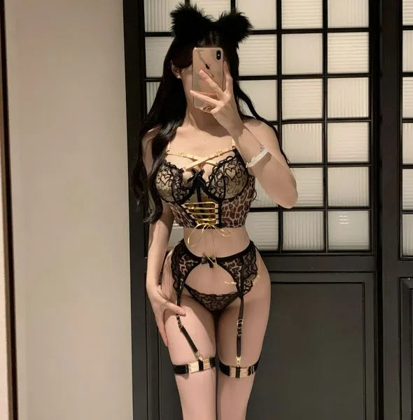 Leopard Lace Bustier Set - Strappy Garter Belt & Thong with Gold Accents PPF0353