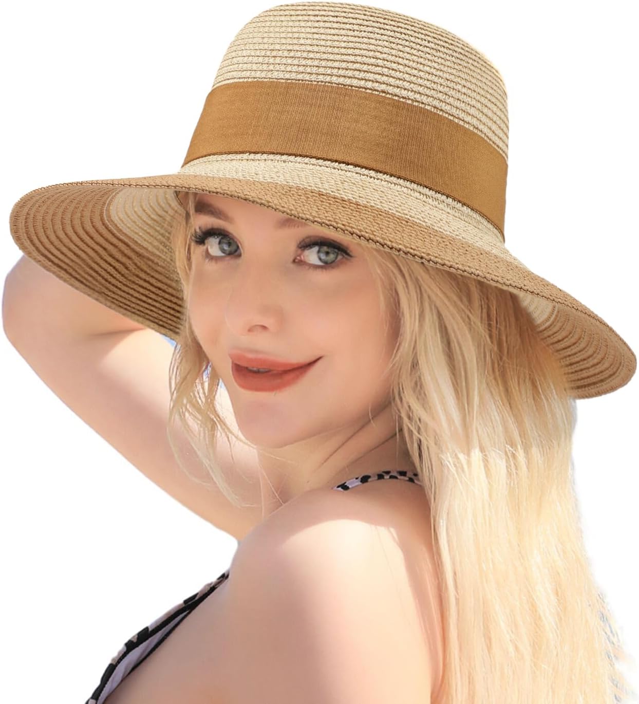 Beach Hat for Women, Wide Brim Sun Straw Hat for Women, Sun Hat Womens UPF 50+ UV Protection, Floppy Foldable Summer Hat