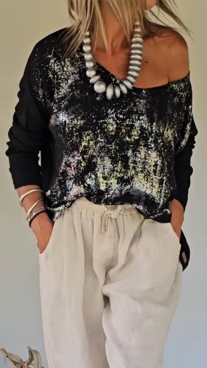 Women's Single Collar Gold and Silver Hot Stamping Casual Top