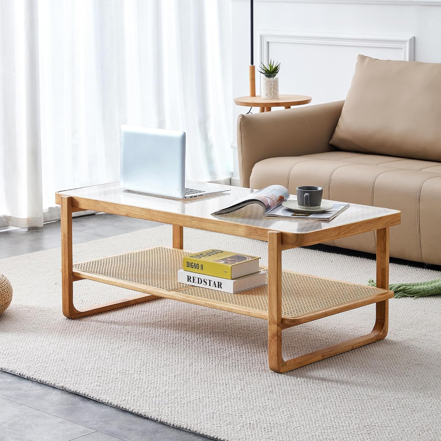 Mid Century Modern Coffee Table with Storage, 41.3 Inch Rectangle Wooden Accent Center Tables with Sliding PE Rattan Woven Door Panel and Solid Wood Legs, Suitable for Living Room, Apartment