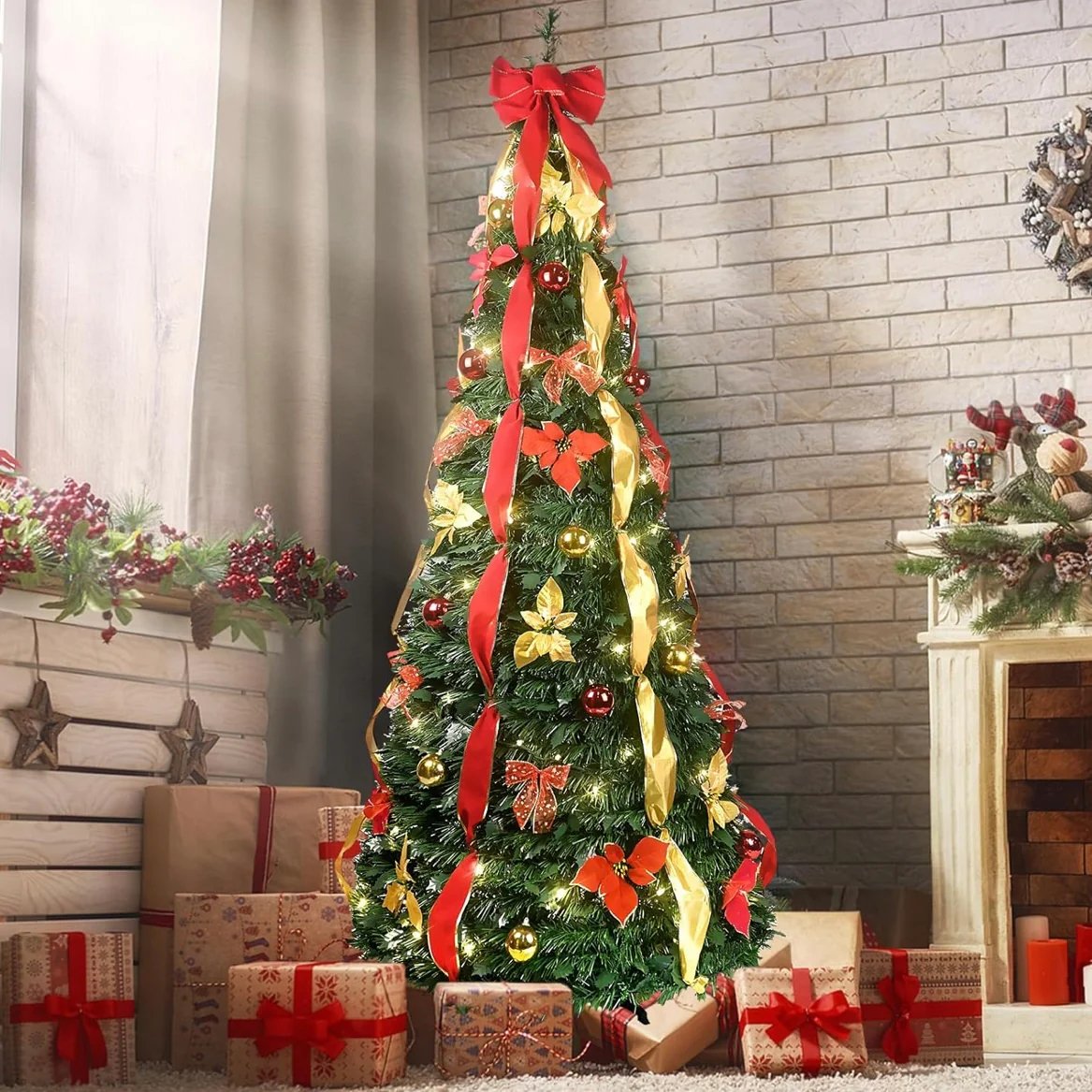 6FT Foldable Christmas Tree with LED Light and Ribbon