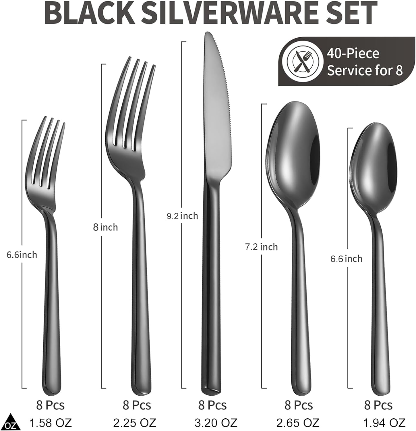 40-Piece Black Silverware Set for 8, Heavy-Duty 18/0 Stainless Steel Black Flatware Cutlery Set, Modern Round Handle Black Utensils Set, Dishwasher Safe for Home, Restaurant, Mirror Black, 40-PCS