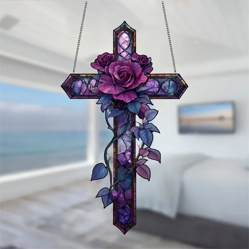 ✝️💜Purple Rose Cross Suncatcher Hanging Decor