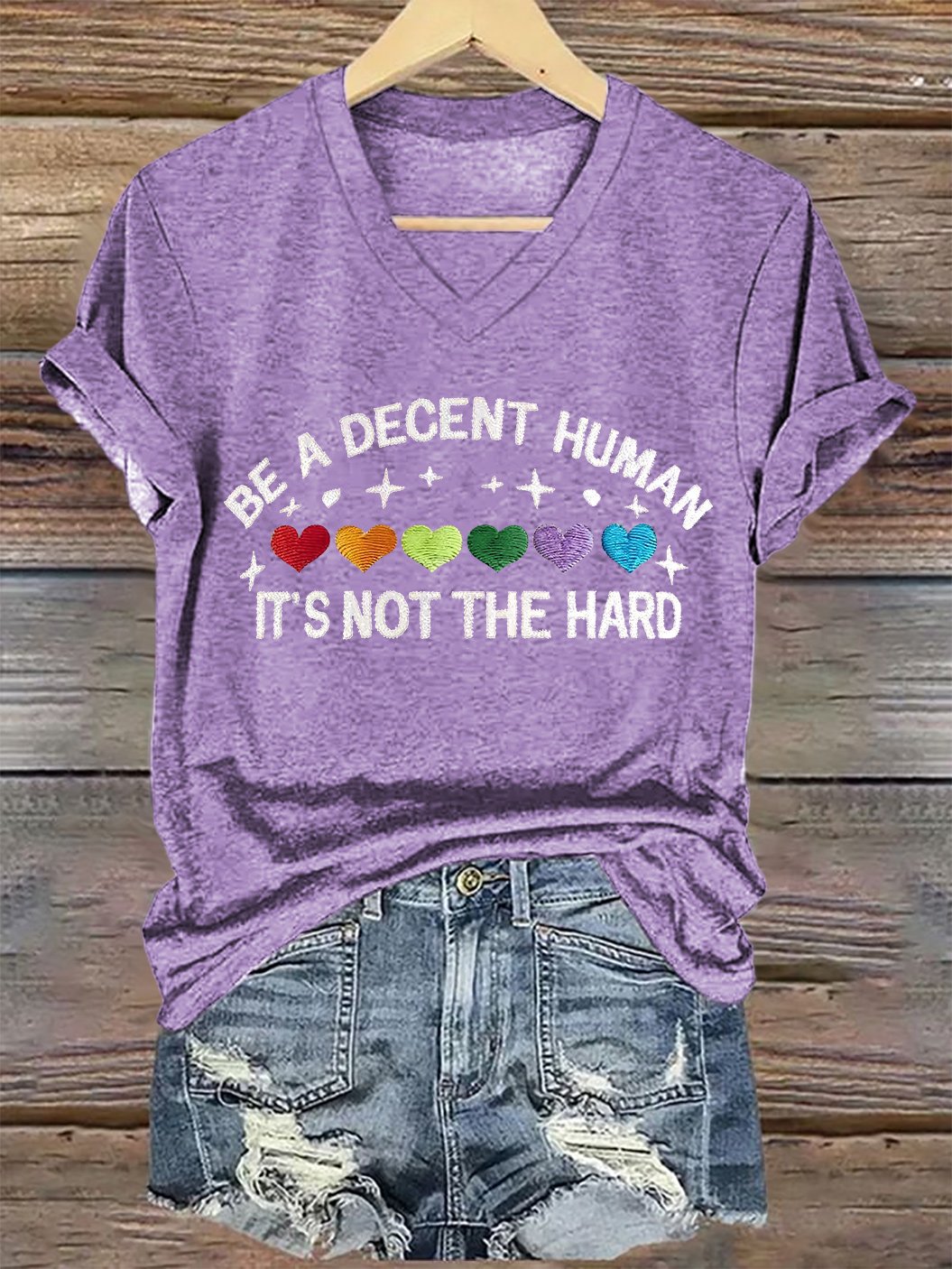 V-Neck Retro Be A Decent Human It's Not The Hard Print T-Shirt
