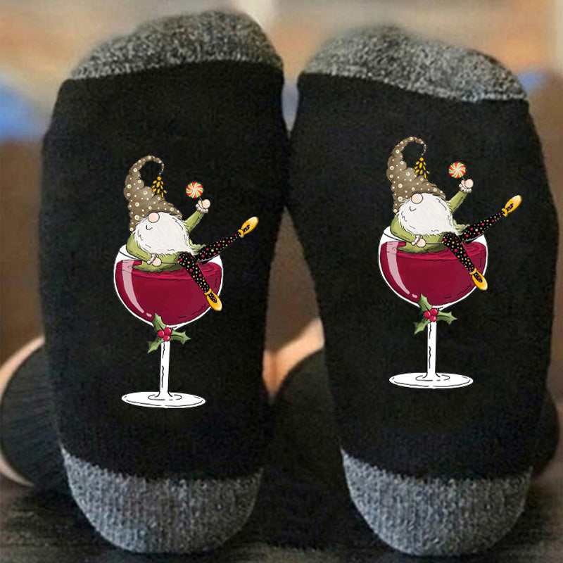 (🔥Early Christmas Sale - 50% OFF) Gnome Wine Glass Unisex Crew Socks - Buy 3 Get Extra 10% OFF