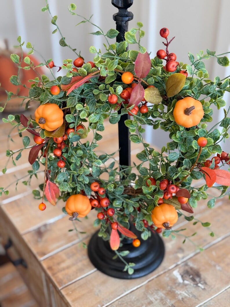 🍁Fall Harvest Sale: 60% OFF! Fall Candle Ring Wreath: Green Leaf Vine, Pumpkins & Berries - 14 Inch