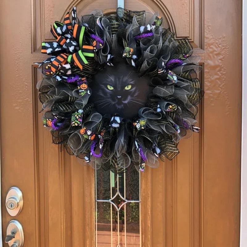 (🎃Early Halloween Sale - 49% OFF) Black Cat Halloween Wreath with Lights