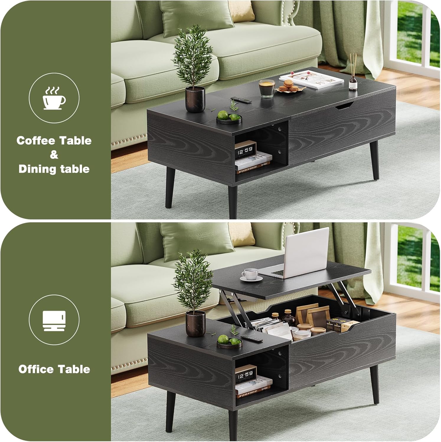 OLIXIS Modern Lift Top Coffee Table Wooden Furniture with Storage Shelf and Hidden Compartment for Living Room Office, Black