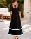 BTFBM Women's 2024 Summer Square Neck Short Puff Sleeve Dress Casual RIC Rac Tie Back Smocked A Line Flowy Maxi Dresses