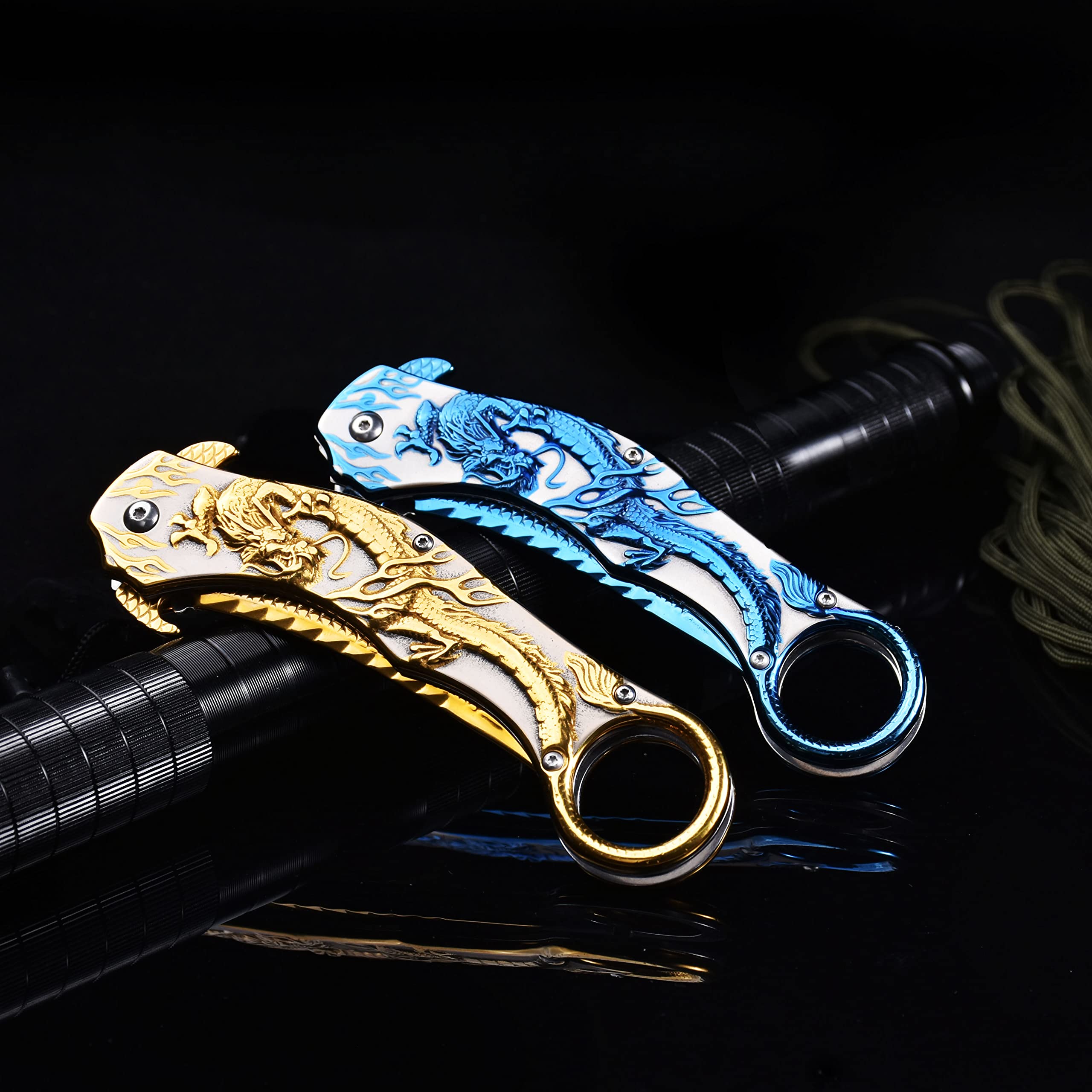 Blue Dragon Knife Dark Side-9Cr18Mo BLADE Pocket Folding Knife With Sheath