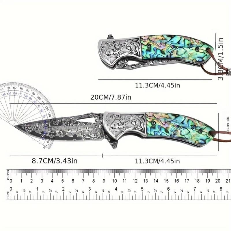 🐺 Damascus Pocket Knife – Handmade VG10 Steel with Abalone Shell Handle
