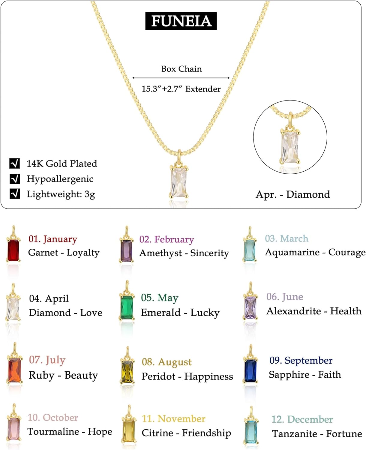 FUNEIA Diamond Necklaces for Women 14K Gold Plated Emerald Birthstone Necklace for Women Mothers Dainty Gold Necklace Blue Green Cubic Zirconia Pendant Necklace Birthday Gifts for Women Girls Jewelry