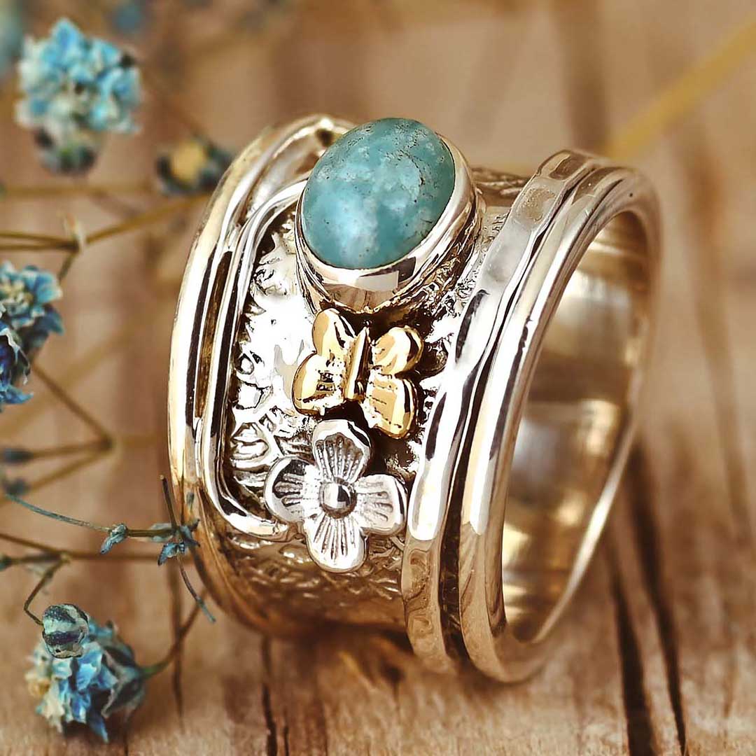 <strong>Handmade</strong> Turquoise Butterfly and Flower Ring - Mother Earth