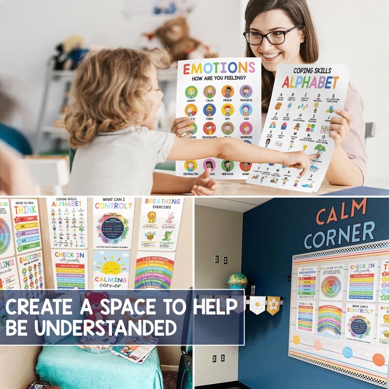 ⏰LAST DAY SALE 50% OFF💥12 Pcs Calming Corner Posters – Emotions Chart & Feelings Wheel
