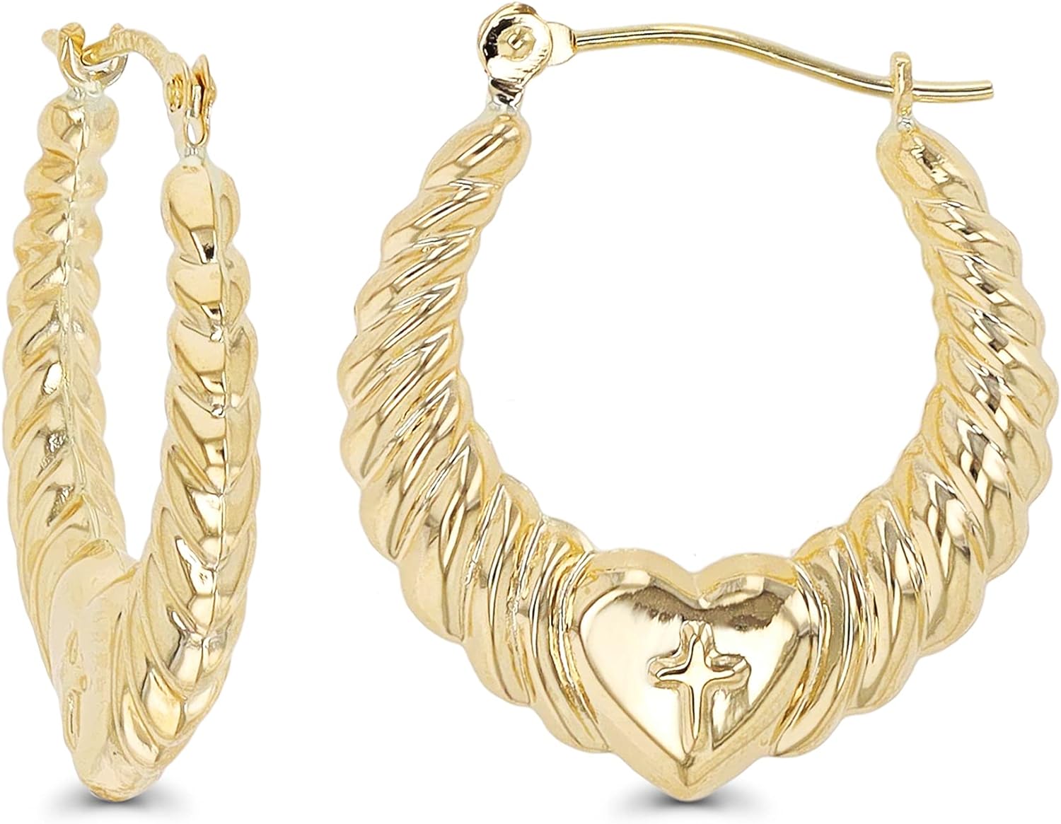 14K Gold Solid Hypoallergenic Heart Hoop Earrings - Tricolor Gold, Two Tone, Heart Shaped, Triple Heart, Shrimp Hoops