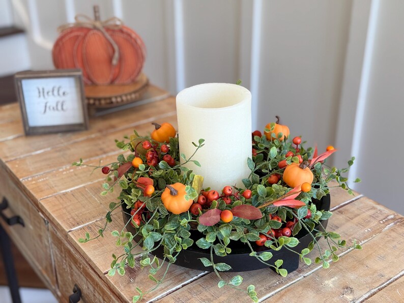 🍁Fall Harvest Sale: 60% OFF! Fall Candle Ring Wreath: Green Leaf Vine, Pumpkins & Berries - 14 Inch