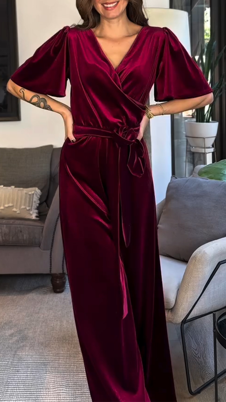 Women's V-neck Lace-up Suede Casual Jumpsuit