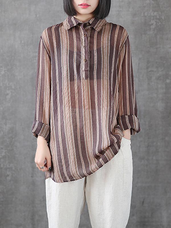 Gracie Vintage Contrasting Vertical Stripes Print Lapel Tops