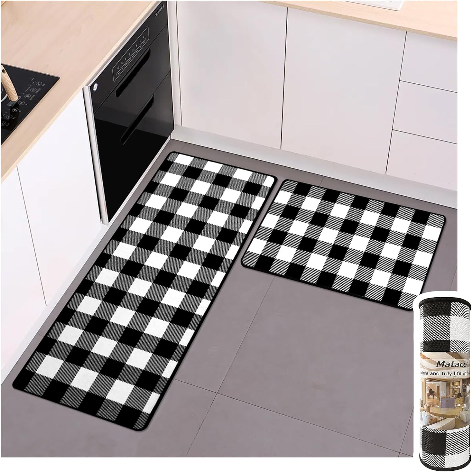 Buffalo Check Plaid Kitchen Rug Set - 2PCS (17x47 & 17x29), Farmhouse Style, Non-Printed Woven Surface, Non-Slip, Machine Washable, Black & White