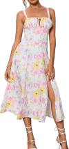 Floral Midi Corset Dress Boho Flowy Slit Lace Up Dresses for Women Going Out A Line Casual Sundress