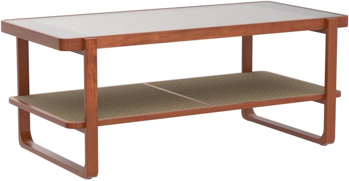 Mid Century Modern Coffee Table with Storage, 41.3 Inch Rectangle Wooden Accent Center Tables with Sliding PE Rattan Woven Door Panel and Solid Wood Legs, Suitable for Living Room, Apartment