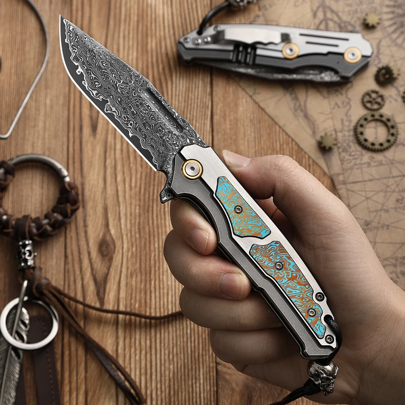 Handmade Damascus EDC Folding Knife | With Sheath for Outdoor Use