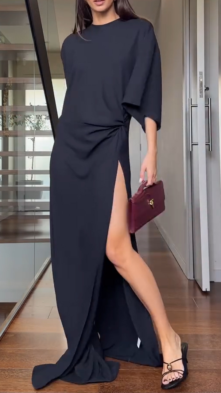 Ladies' Round Neck Solid Color Slit Temperament High-end Dress