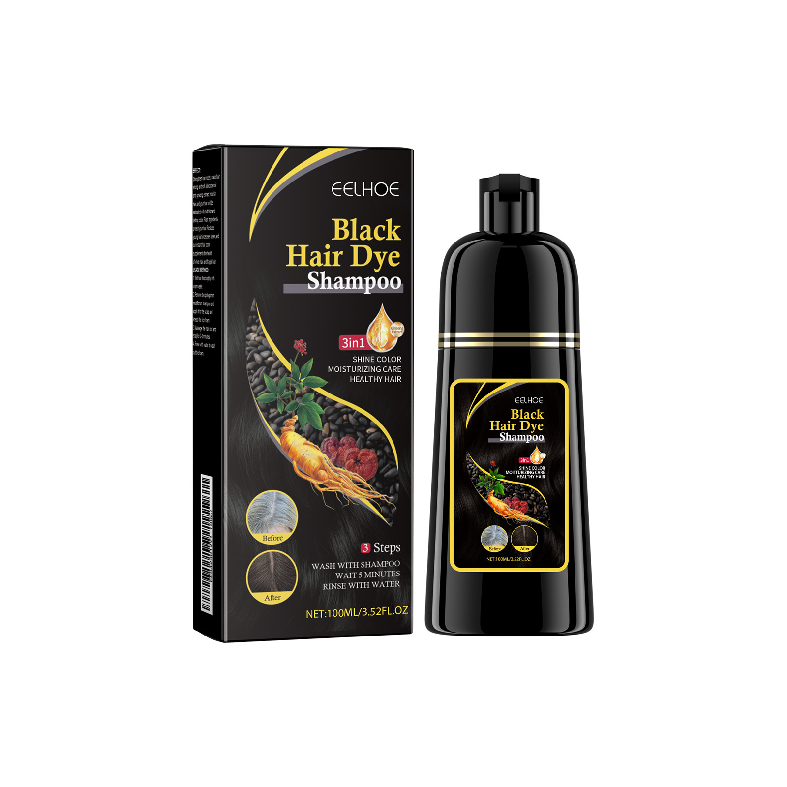 Black Hair Dye Shampoo Instant 3 in 1-100% Black Coverage