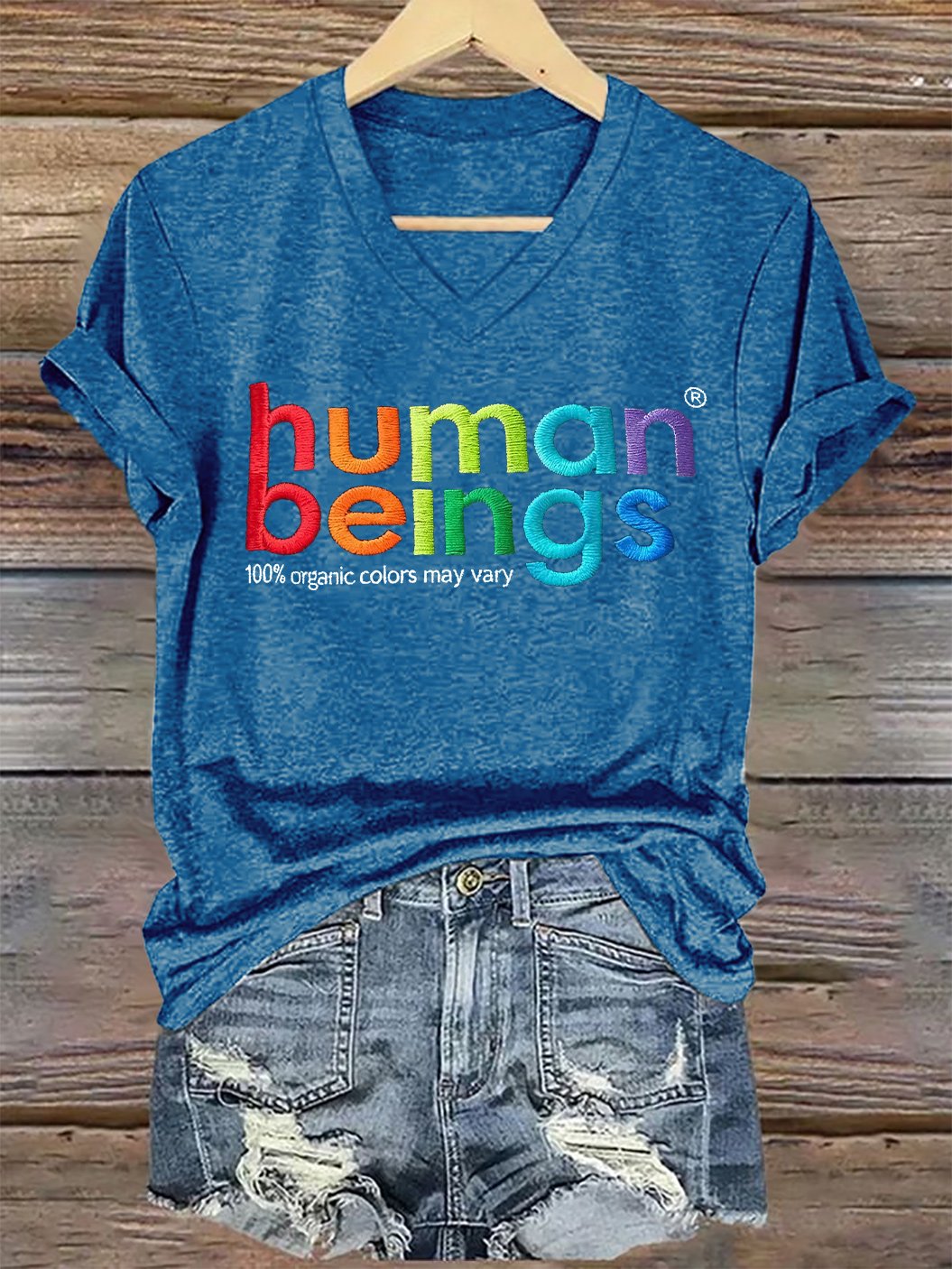 V-Neck Retro Human Beings 100% Organic Colors May Vary Human Rights Equality Pride Print T-Shirt