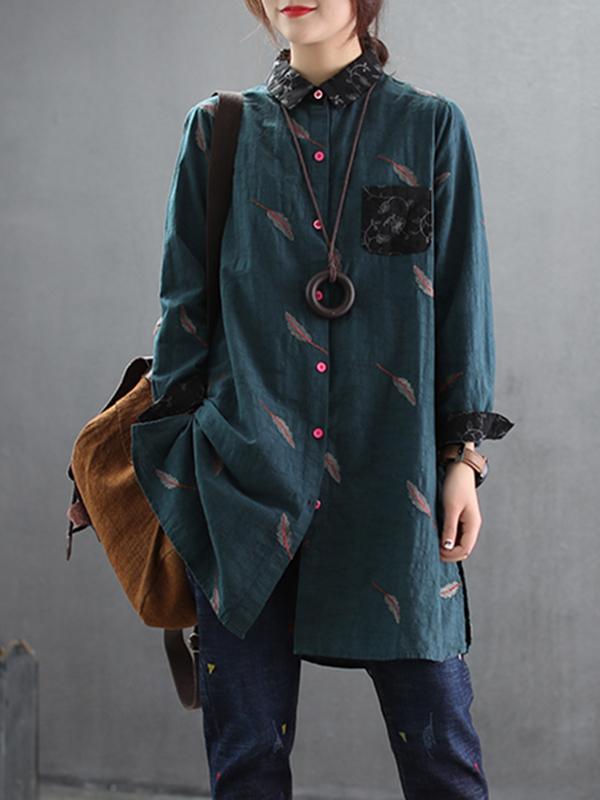 Eileen Vintage Linen Cotton Embroidery Shirt with Contrast Color