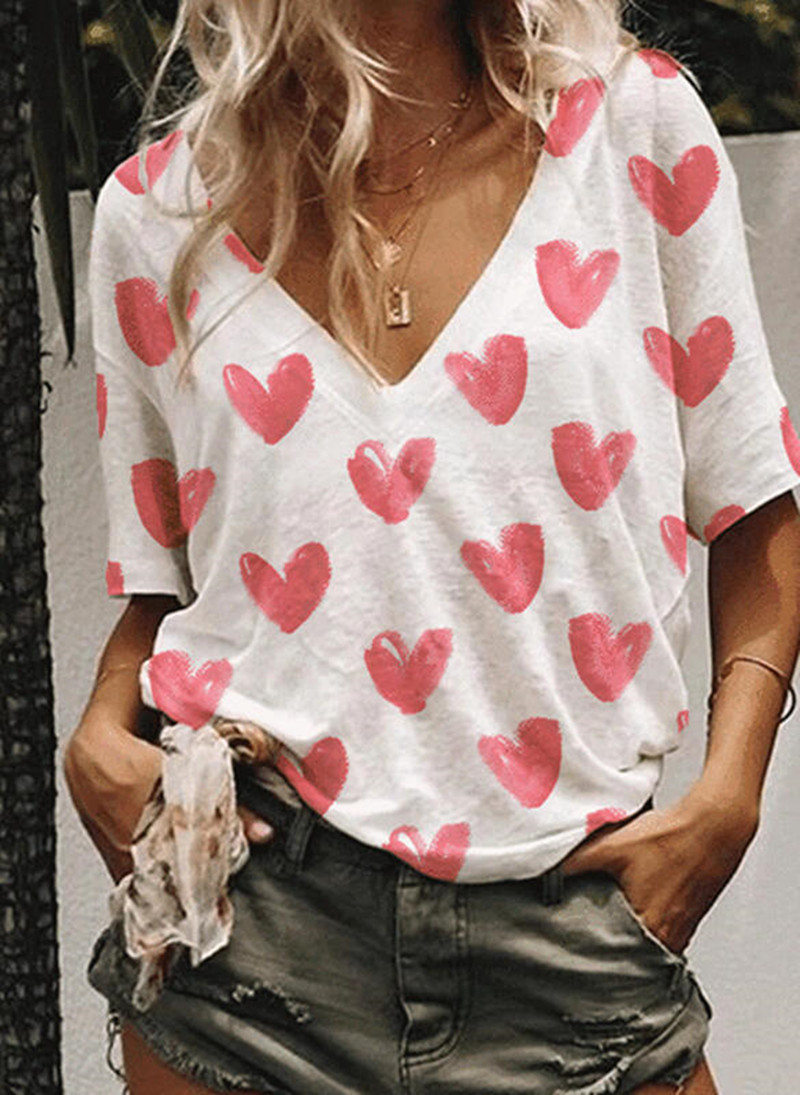 Summer loose V-neck short sleeve T-shirt with love print