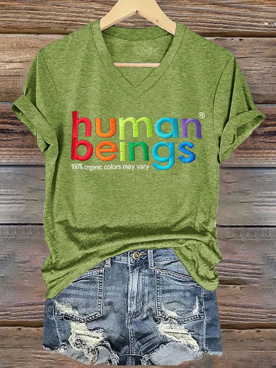 V-Neck Retro Human Beings 100% Organic Colors May Vary Human Rights Equality Pride Print T-Shirt