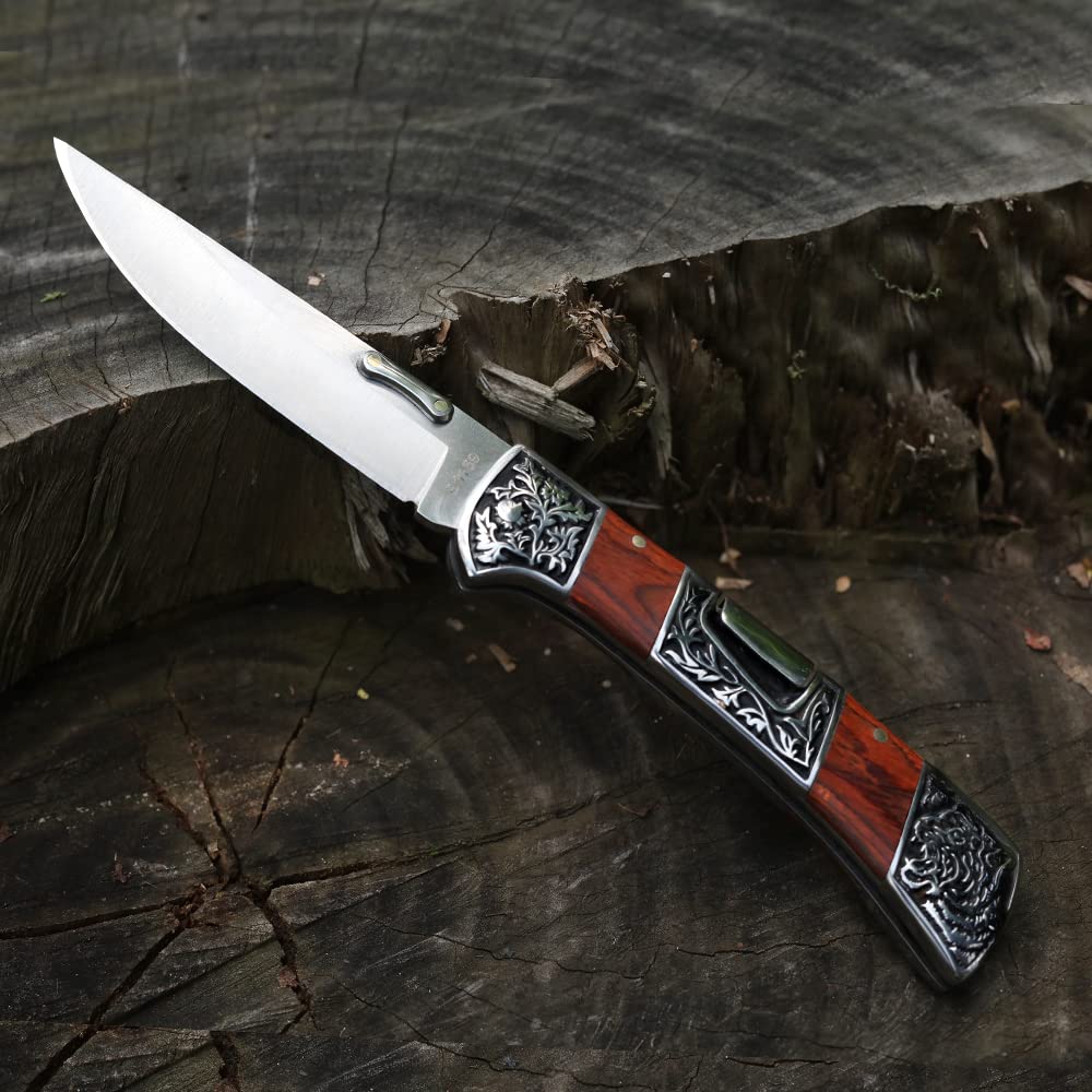 🔪 Folding EDC Pocket Knife – Classic Wood Handle