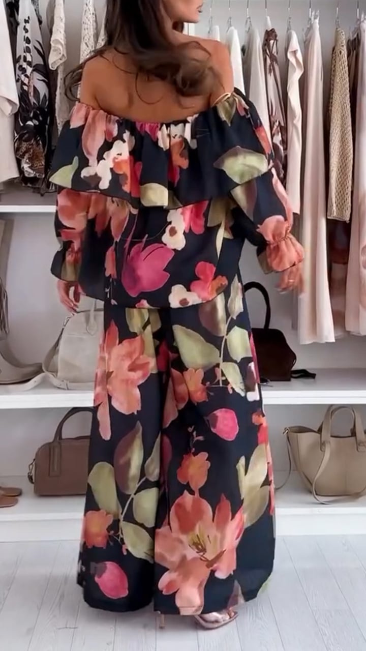 Women's One Shoulder Top + Printed Trousers Casual Set