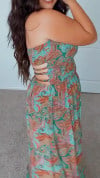 Ladies' Strapless Printed Hollow Out Dress+denim Cardigan Set