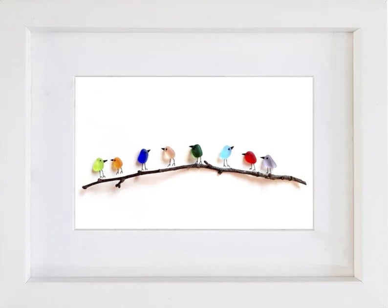 (🔥HOT SALE NOW 49% OFF) - Sea Glass Rainbow Birds - Framed Unique Handmade