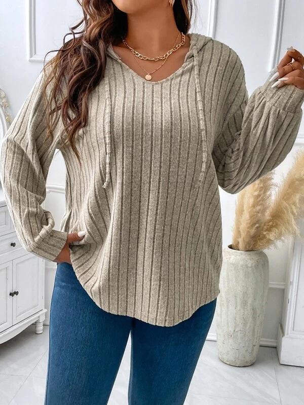 Women's Casual V-neck Hooded Long-sleeved Ribbed T-shirt