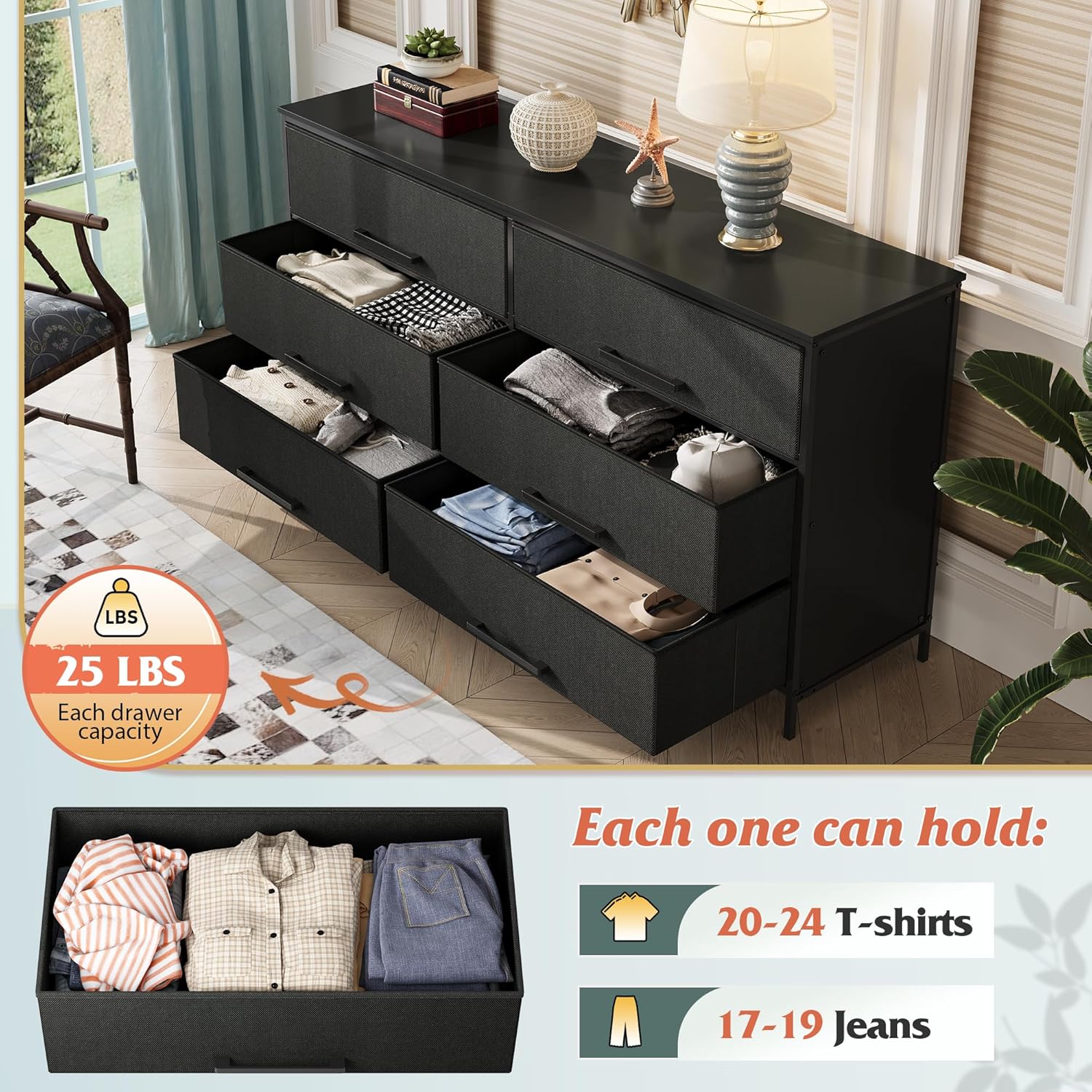 WLIVE Wide Fabric Dresser, 6 Drawer Dresser TV Stand for 60