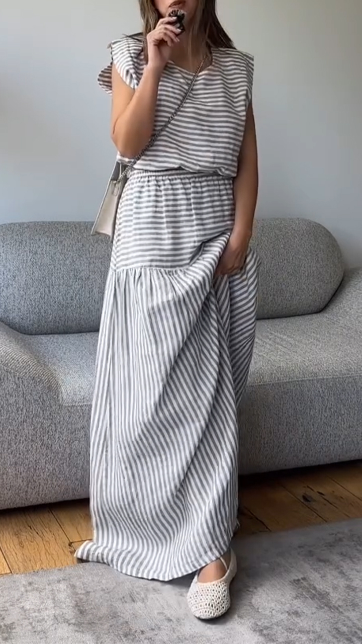 Ladies' Round Neck Striped Top+patchwork Skirt Casual Suit