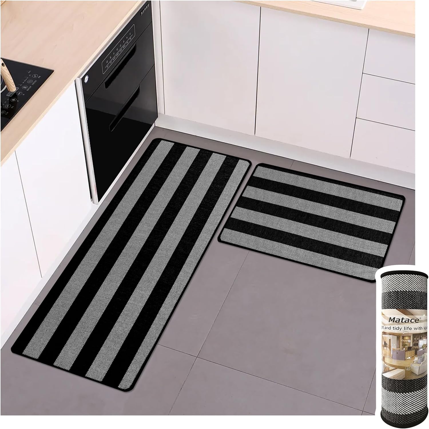 Buffalo Check Plaid Kitchen Rug Set - 2PCS (17x47 & 17x29), Farmhouse Style, Non-Printed Woven Surface, Non-Slip, Machine Washable, Black & White