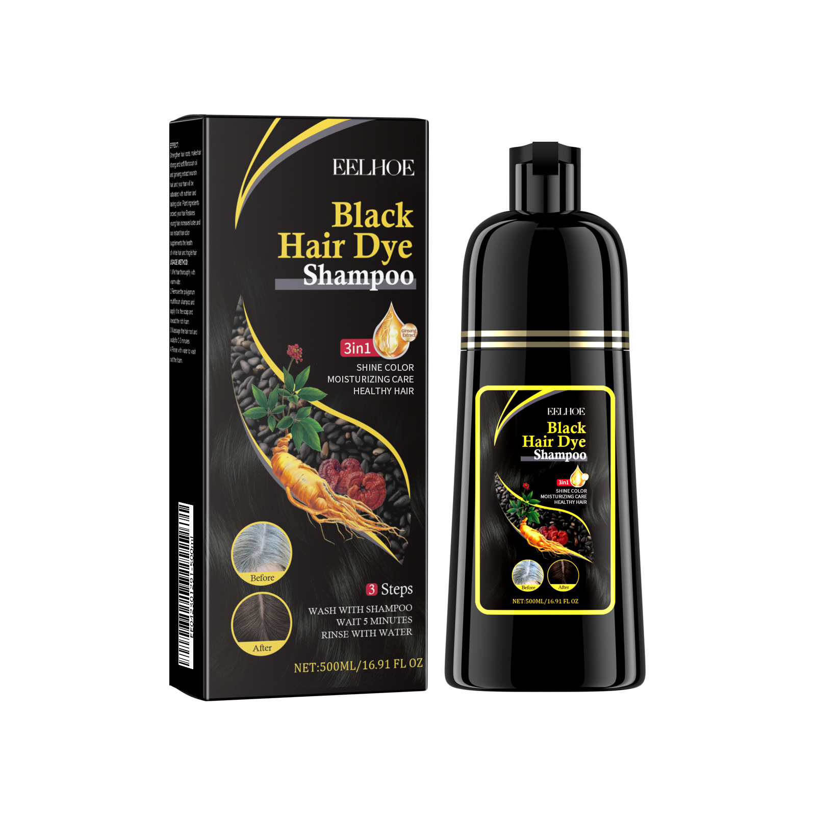 Black Hair Dye Shampoo Instant 3 in 1-100% Black Coverage