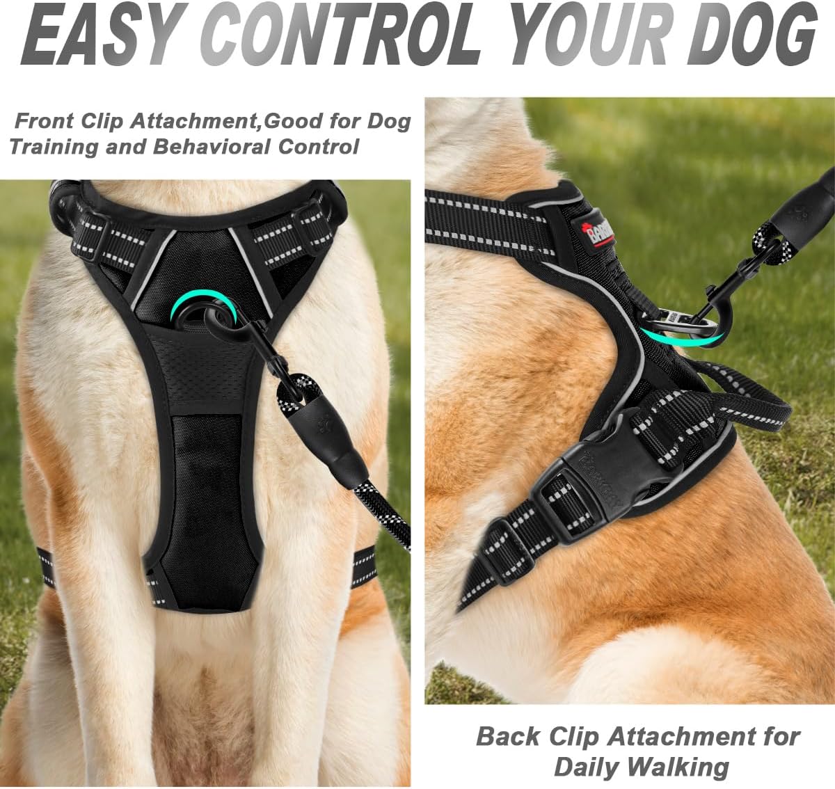 BARKBAY No Pull Dog Harness Front Clip Heavy Duty Reflective Easy Control Handle for Large Dog Walking(Black,L)