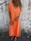 Women Cotton and Linen V-neck Midi Dress