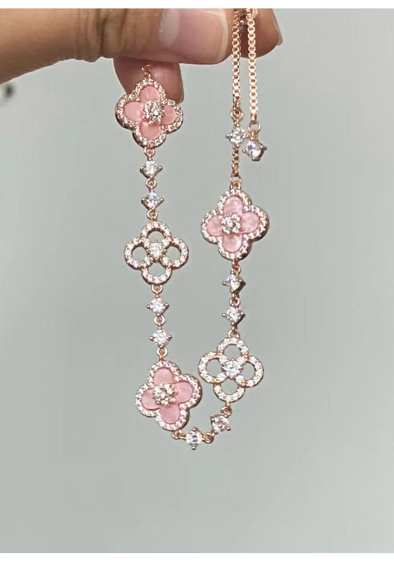 Lucky Clover Adjustable Bracelet - Sparkling Crystal & Zircon Floral Links