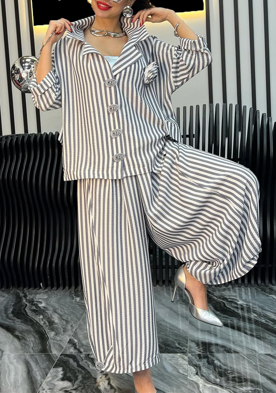 Women's Lapel Striped Casual Cotton and Linen Suit